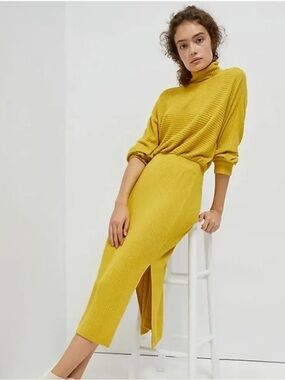 Anthropologie Mustard Yellow Ribbed Knit Midi Dress with Turtleneck